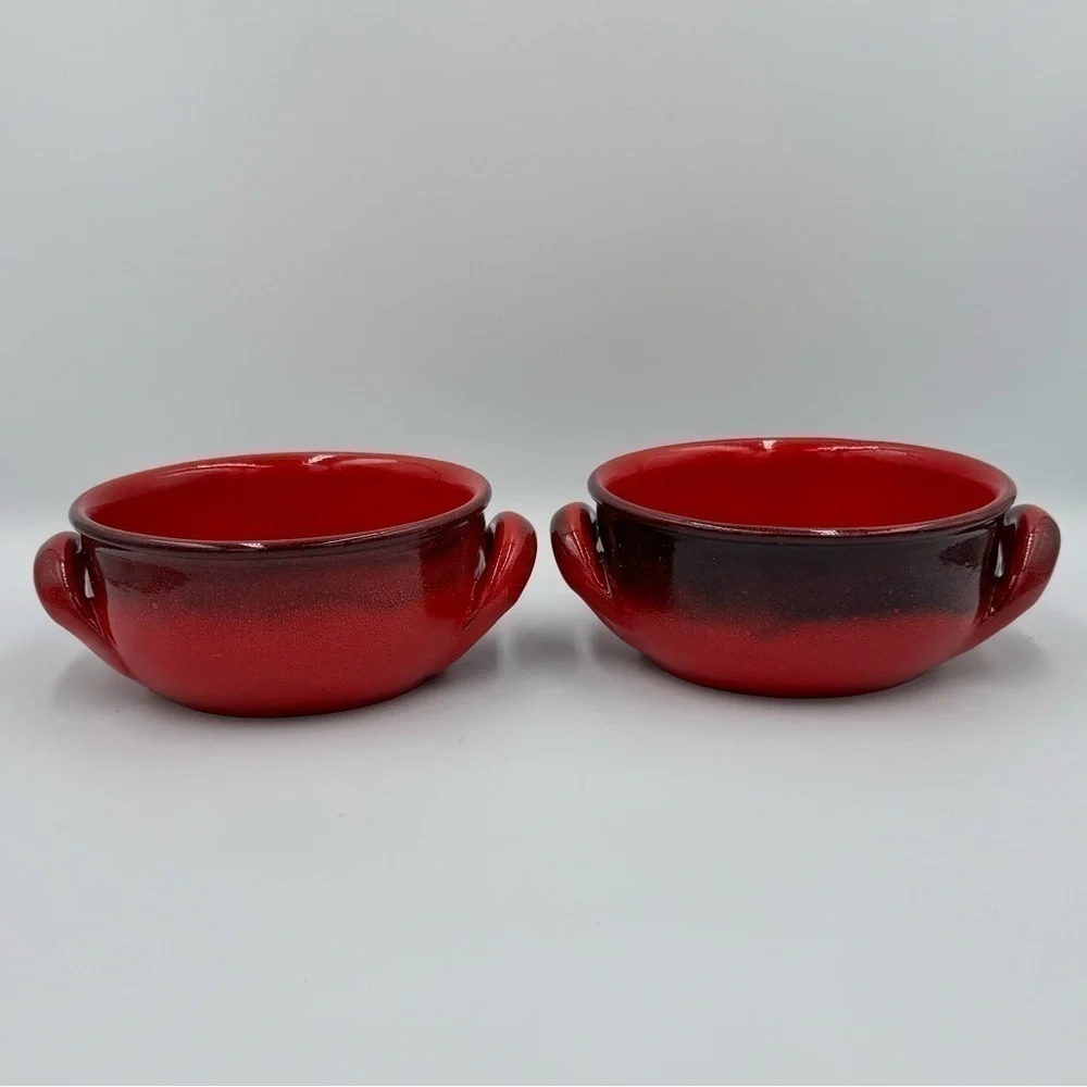 Vintage De Silva Red/Black Ombre' Glazed Ceramic Bowls w/Handles Made in Italy